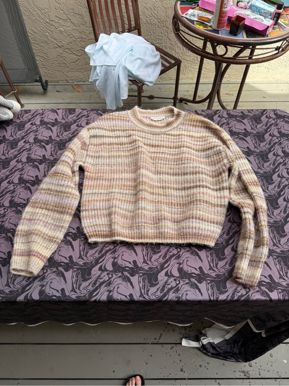 Cozy Striped Crewneck Sweater - Cream with Pink & Tan Stripes